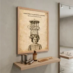 Angled view of the vintage hair patent framed poster highlighting the lightweight Ayous wood frame depth