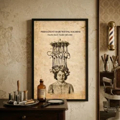 Vintage hair waving machine patent framed poster hanging on a wall in a retro hair salon.