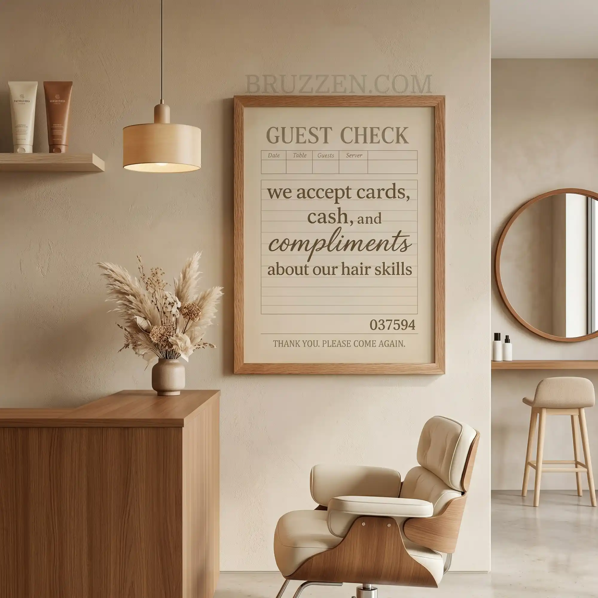 Witty guest check framed art hanging on a modern salon wall above a professional styling station and mirror.