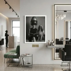 Black and white vintage salon portrait framed poster styled seamlessly on a wall in a modern minimalist beauty studio