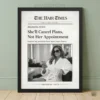 Vintage newspaper poster titled The Hair Times in a wood frame with "Cancel Plans Not Appointment" typography