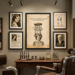 Sepia vintage hair patent framed poster styled elegantly in a hair salon decor gallery wall arrangement