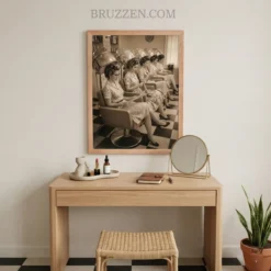 Vintage hair salon framed print displayed on a textured wall in a professional hair studio or salon setting.