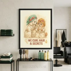 Storybook style puppy and kitten salon poster in a wood frame displayed in a cozy salon waiting room