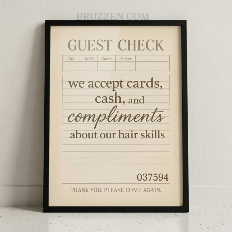 Vintage guest check typography framed poster featuring witty hair salon quote on a clean white background.