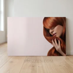 copper red hair portrait aluminum metal print wall art on soft blush background