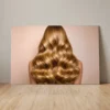 golden blonde wavy hair portrait aluminum metal print wall art on blush background