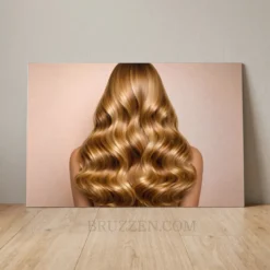 golden blonde wavy hair portrait aluminum metal print wall art on blush background