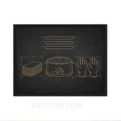 close-up of gold blueprint waxing tools canvas showing line art detail and pine frame edge