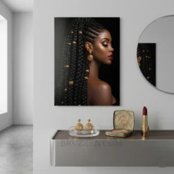 regal black braids gold jewelry portrait glossy metal print displayed in natural hair salon reception area