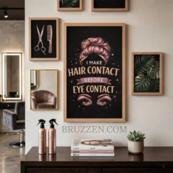 A curated gallery wall with the hair contact poster styled alongside feminine chic decor and gold accents