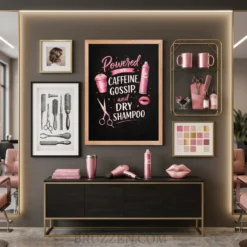 A curated gallery wall in a beauty studio featuring the funny salon poster alongside other fashion-themed art pieces.