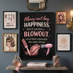 Funny blowout quote framed poster styled on a curated gallery wall alongside other modern beauty-themed decor