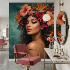 Colourful head wrap portrait wallpaper art for hair salon station area