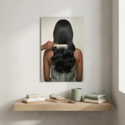 black wavy hair comb portrait glossy metal print displayed in beauty spa treatment room