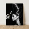 black and white front bouffant hair glossy aluminum metal print salon wall decor with gold scissors on black background