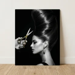 black and white front bouffant hair glossy aluminum metal print salon wall decor with gold scissors on black background