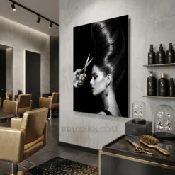 side angle view of black and white bouffant hair glossy metal print showing floating wall mount depth