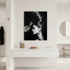 monochrome bouffant hair metal art displayed in stylish barbershop interior