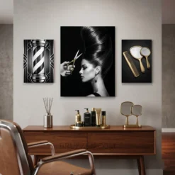 black and white bouffant hair glossy metal print styled on monochrome salon gallery wall