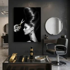 black and white bouffant hair metal print hanging in modern hair salon