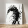black and white hair flip water splash glossy metal print salon wall art on white background