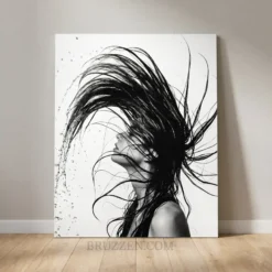black and white hair flip water splash glossy metal print salon wall art on white background