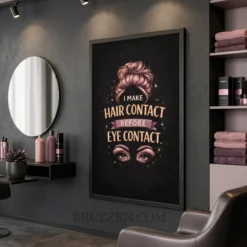 Side view of the black wood frame showing the depth and profile of the hair salon wall art.