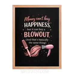 Close-up of salon wall art showing the script typography and illustrated pink hair dryer with sparkle accents.