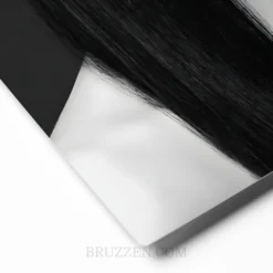 close-up of black hair fringe portrait glossy metal print showing crimson lip and aluminum surface detail