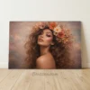 Boho floral crown wavy hair portrait glossy metal print salon spa wall art in warm earthy tones