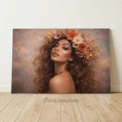 Boho floral crown wavy hair portrait glossy metal print salon spa wall art in warm earthy tones