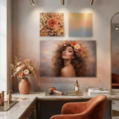 Boho floral crown hair glossy metal print styled on warm romantic bohemian gallery wall