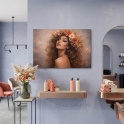 boho floral crown hair glossy metal print hanging in warm modern hair salon interior
