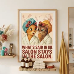 A framed funny cat poster hanging on a bright hair salon wall above a professional styling station and mirror.