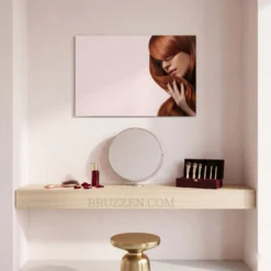 copper red hair portrait  metal print displayed on warm bedroom feature wall