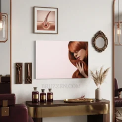copper red hair portrait aluminum metal print styled on warm toned modern gallery wall