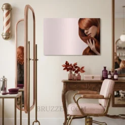 copper red hair portrait  metal print hanging in modern hair salon