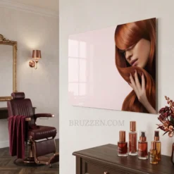 side angle view of copper red hair, aluminum print showing floating wall mount depth