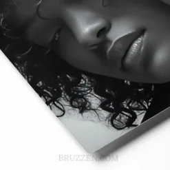 close-up of curly afro red nails portrait glossy metal print showing curl texture and red nail detail