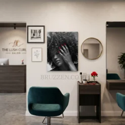 curly afro red nails portrait glossy metal print styled on bold monochrome contemporary gallery wall