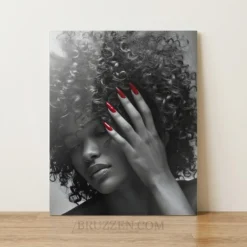 curly-afro-red-nails-monochrome-portrait-glossy-metal-print