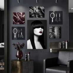 black hair fringe portrait glossy metal print styled on dark moody editorial gallery wall