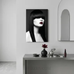 moody black hair fringe portrait glossy metal print displayed on dark bedroom feature wall