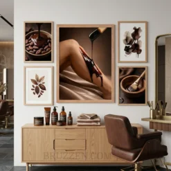 dark wax editorial poster styled as centrepiece on warm moody gallery wall in wax bar studio