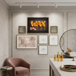 dripping WAX framed canvas styled as centrepiece on dark moody gallery wall in wax studio