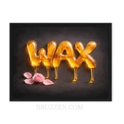 close-up of glossy amber wax lettering canvas showing photorealistic drip detail and frame