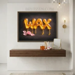 golden dripping WAX framed canvas displayed above reception desk in beauty salon