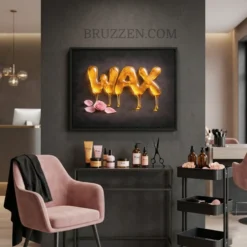 dripping WAX typography framed canvas hanging as feature wall art in modern wax bar studio
