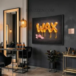 angled view of dripping WAX typography framed canvas showing 1.25 inch pine frame depth